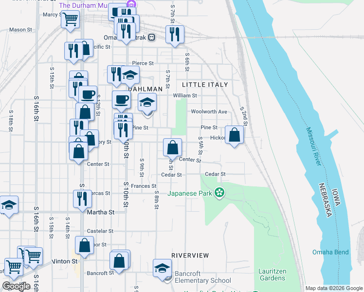 map of restaurants, bars, coffee shops, grocery stores, and more near 1709 South 7th Street in Omaha