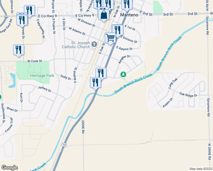 map of restaurants, bars, coffee shops, grocery stores, and more near 8201 2000E Road in Manteno