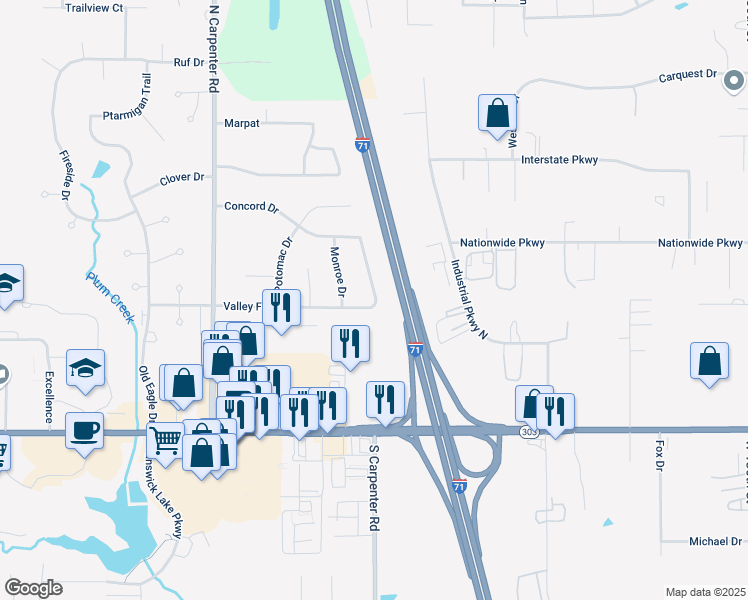 map of restaurants, bars, coffee shops, grocery stores, and more near 3213 Constitution Drive in Brunswick