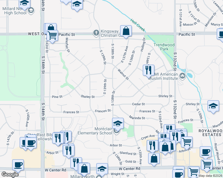 map of restaurants, bars, coffee shops, grocery stores, and more near 1734 South 138th Street in Omaha