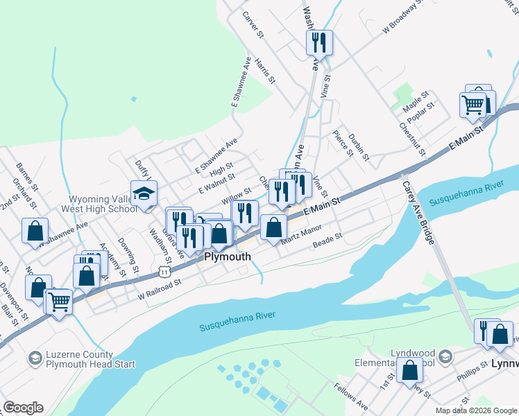 map of restaurants, bars, coffee shops, grocery stores, and more near 101-107 East Main Street in Plymouth