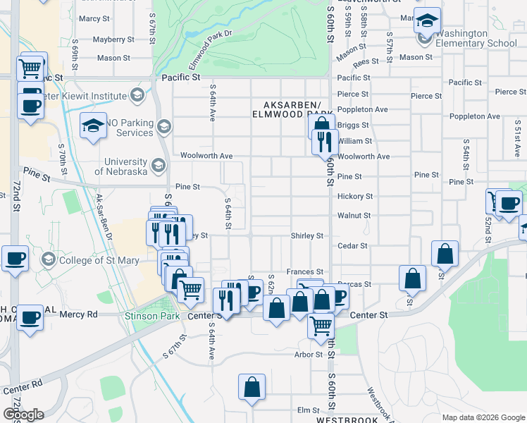 map of restaurants, bars, coffee shops, grocery stores, and more near 6192 Walnut Street in Omaha
