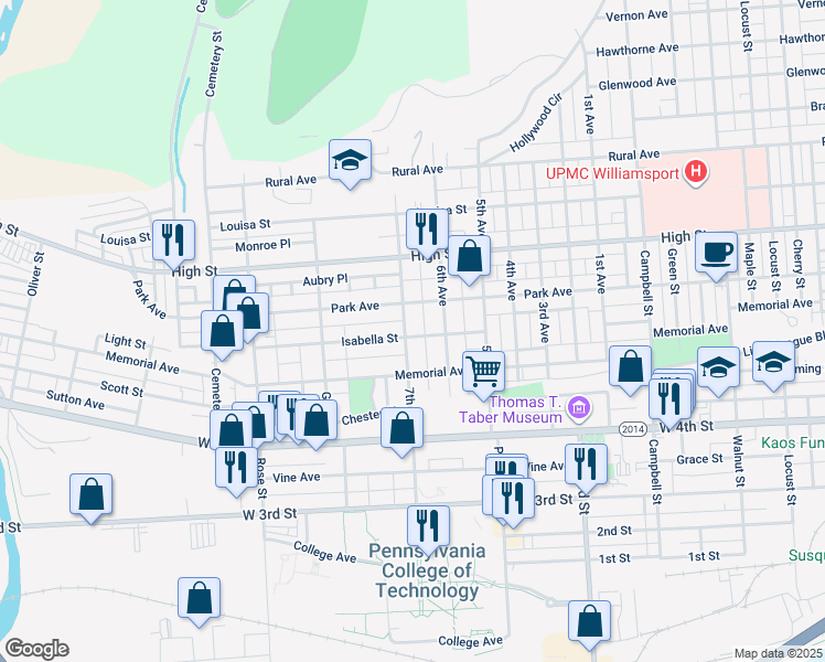 map of restaurants, bars, coffee shops, grocery stores, and more near 638 7th Avenue in Williamsport