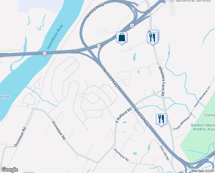 map of restaurants, bars, coffee shops, grocery stores, and more near 236 Lookout Hill Road in Milford
