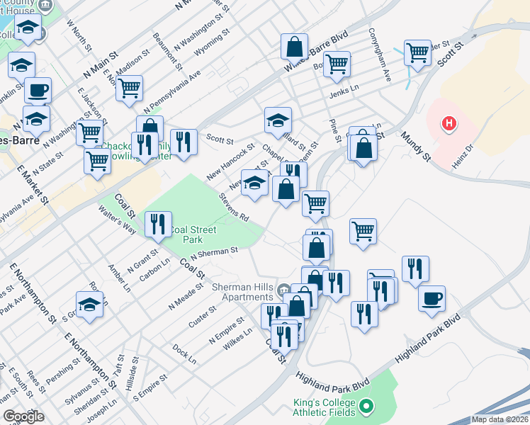 map of restaurants, bars, coffee shops, grocery stores, and more near 240 North Sherman Street in Wilkes-Barre