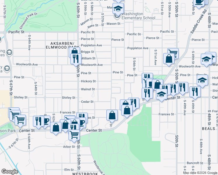 map of restaurants, bars, coffee shops, grocery stores, and more near 1802 South 56th Street in Omaha