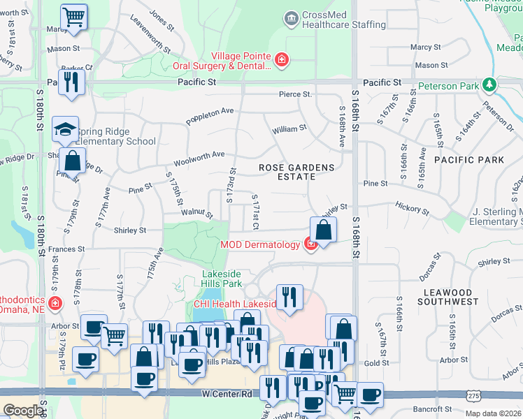 map of restaurants, bars, coffee shops, grocery stores, and more near 1810 South 171st Court in Omaha