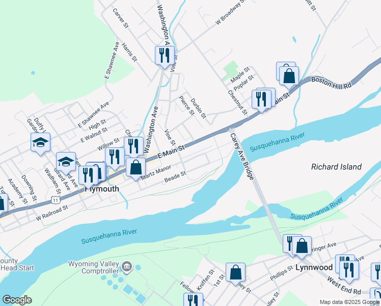 map of restaurants, bars, coffee shops, grocery stores, and more near 329 Moss Street in Plymouth