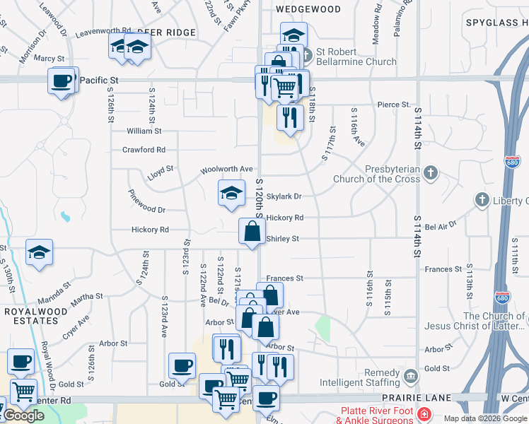 map of restaurants, bars, coffee shops, grocery stores, and more near 11934 Hickory Road in Omaha