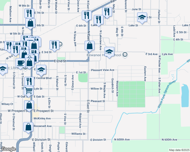 map of restaurants, bars, coffee shops, grocery stores, and more near 816 Elmwood Avenue in Kewanee