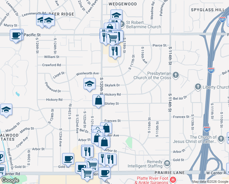 map of restaurants, bars, coffee shops, grocery stores, and more near 11902 Hickory Road in Omaha