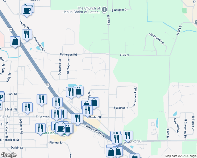 map of restaurants, bars, coffee shops, grocery stores, and more near 548 Buck Trail in Warsaw