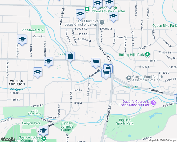 map of restaurants, bars, coffee shops, grocery stores, and more near 1120 Canyon Road in Ogden