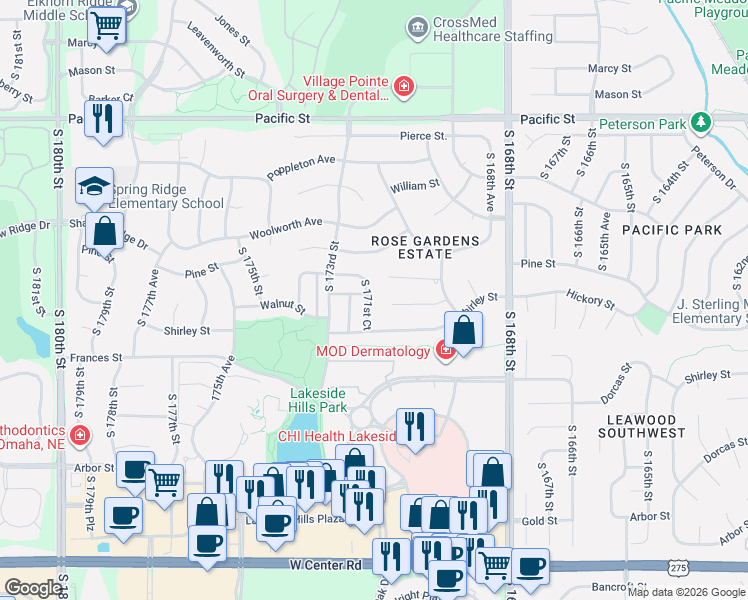 map of restaurants, bars, coffee shops, grocery stores, and more near 1810 South 171st Court in Omaha