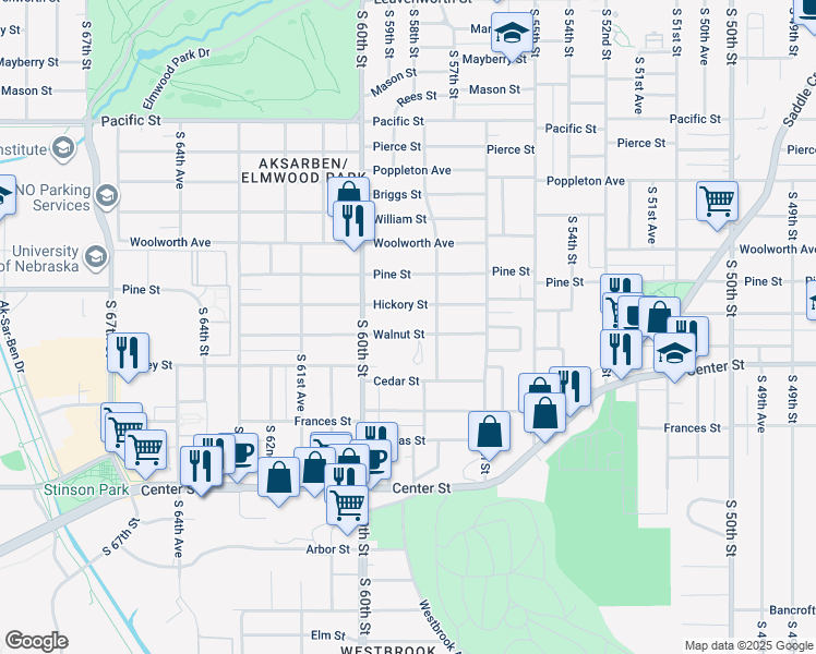 map of restaurants, bars, coffee shops, grocery stores, and more near 5824 Walnut Street in Omaha