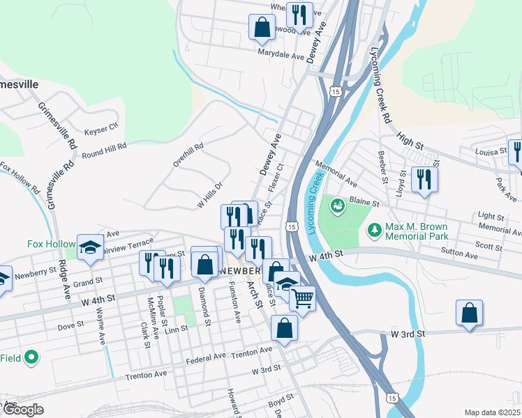 map of restaurants, bars, coffee shops, grocery stores, and more near 1021 Race Street in Williamsport