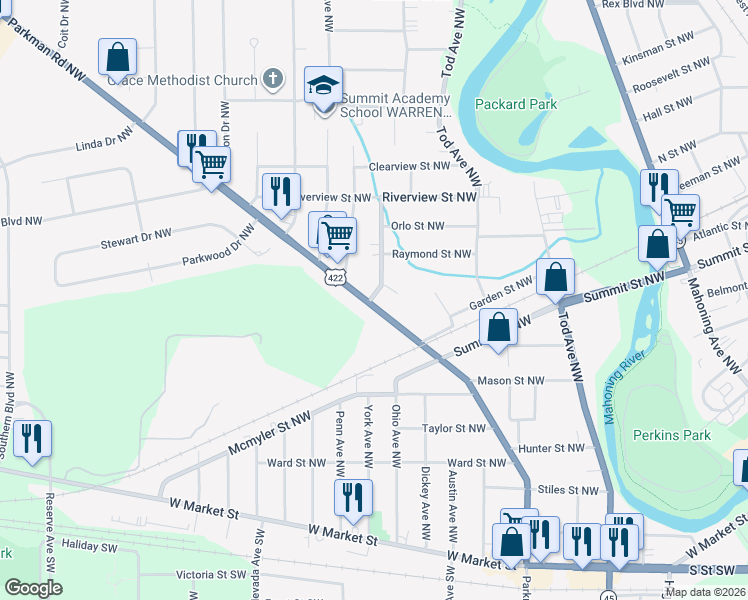 map of restaurants, bars, coffee shops, grocery stores, and more near 1240 U.S. 422 in Warren