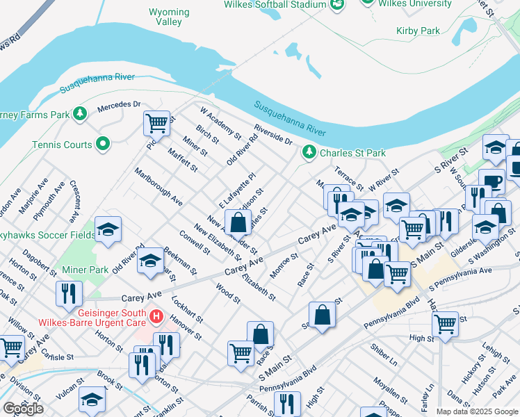 map of restaurants, bars, coffee shops, grocery stores, and more near 129 Charles Street in Wilkes-Barre