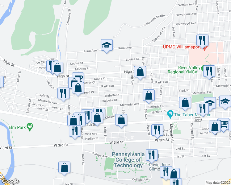 map of restaurants, bars, coffee shops, grocery stores, and more near 1124 Isabella Street in Williamsport