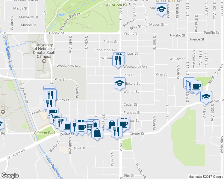 map of restaurants, bars, coffee shops, grocery stores, and more near 6028 Walnut Street in Omaha