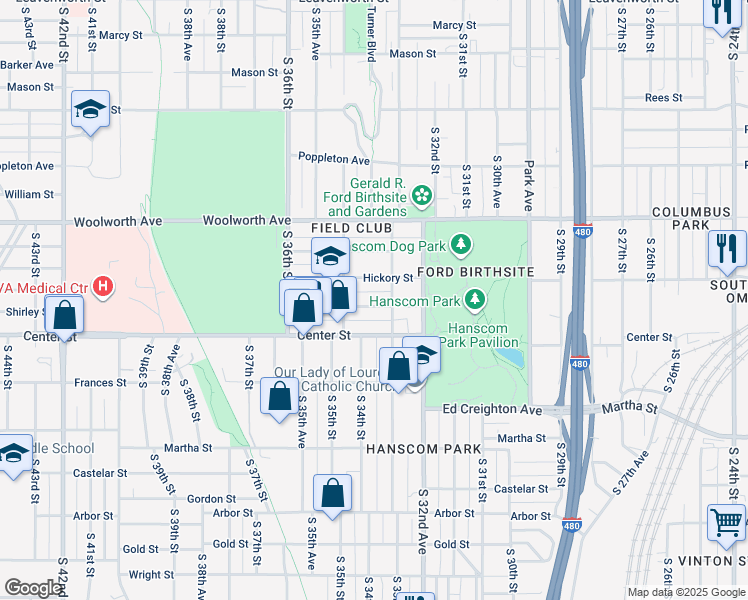 map of restaurants, bars, coffee shops, grocery stores, and more near 3316 Walnut Street in Omaha
