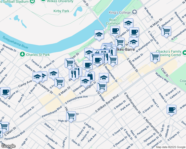 map of restaurants, bars, coffee shops, grocery stores, and more near 140s South Main Street in Wilkes-Barre