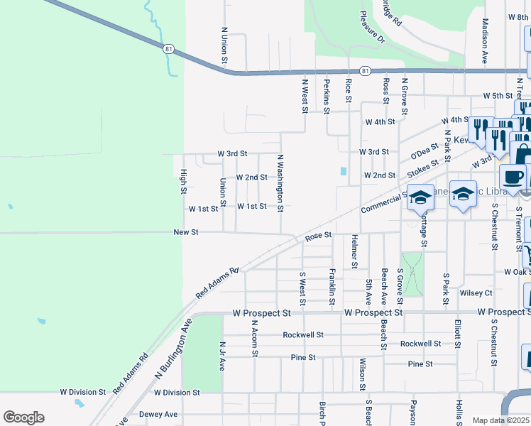map of restaurants, bars, coffee shops, grocery stores, and more near 1215 West 1st Street in Kewanee