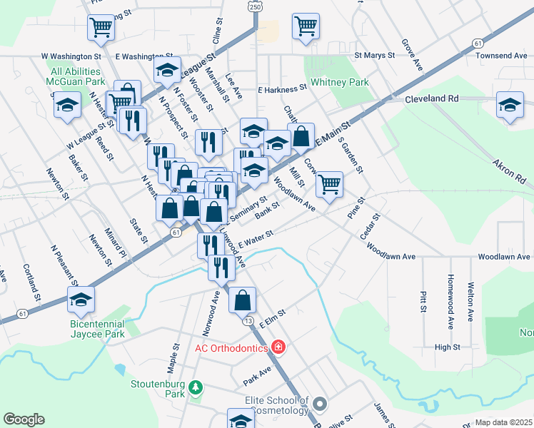 map of restaurants, bars, coffee shops, grocery stores, and more near 16 Bank Street in Norwalk