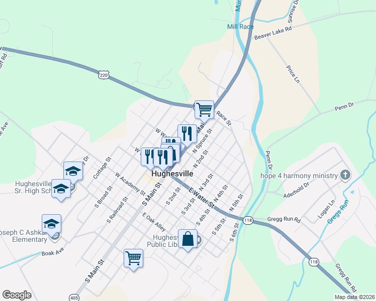 map of restaurants, bars, coffee shops, grocery stores, and more near 104 North Main Street in Hughesville