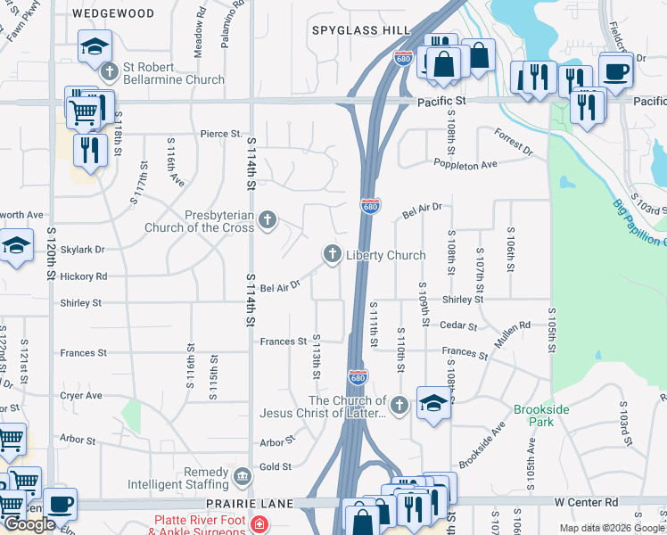 map of restaurants, bars, coffee shops, grocery stores, and more near 11213 Bel Air Drive in Omaha
