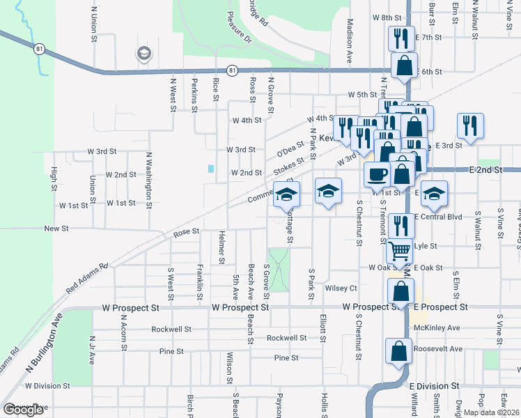 map of restaurants, bars, coffee shops, grocery stores, and more near 119 South Grove Street in Kewanee