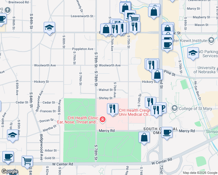 map of restaurants, bars, coffee shops, grocery stores, and more near 7660 Walnut Street in Omaha