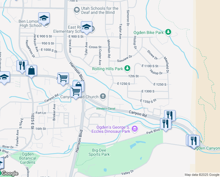 map of restaurants, bars, coffee shops, grocery stores, and more near 1255 Mountain Road in Ogden