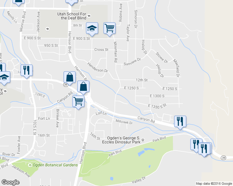map of restaurants, bars, coffee shops, grocery stores, and more near 1255-1335 Mountain Road in Ogden
