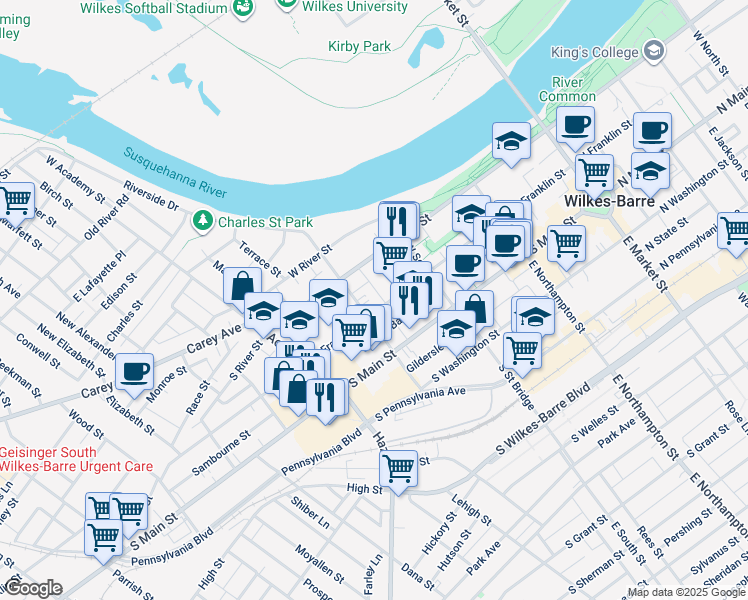 map of restaurants, bars, coffee shops, grocery stores, and more near 281 South Franklin Street in Wilkes-Barre
