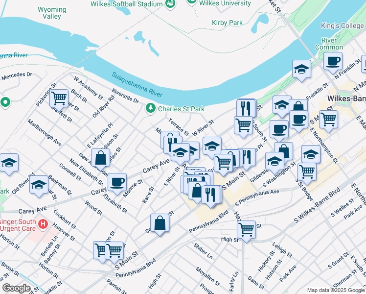 map of restaurants, bars, coffee shops, grocery stores, and more near 377 South River Street in Wilkes-Barre