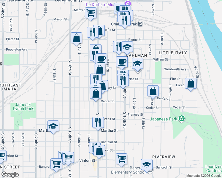 map of restaurants, bars, coffee shops, grocery stores, and more near 1710 South 11th Street in Omaha