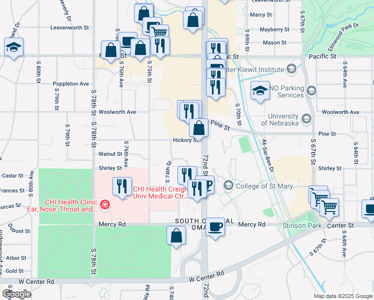 map of restaurants, bars, coffee shops, grocery stores, and more near 7315 Hickory Street in Omaha
