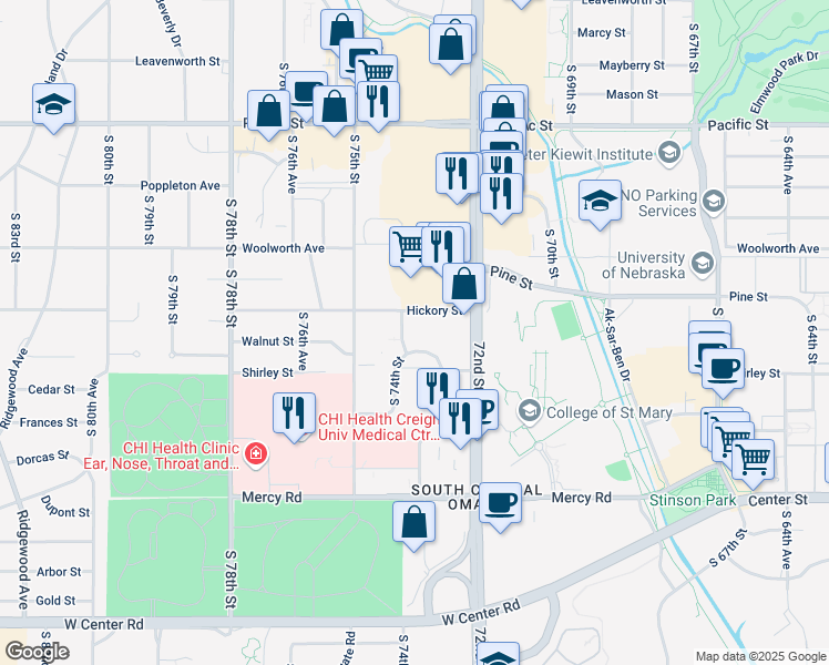 map of restaurants, bars, coffee shops, grocery stores, and more near 1817 South 75th Street in Omaha