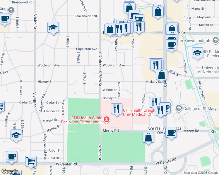 map of restaurants, bars, coffee shops, grocery stores, and more near 7660 Walnut Street in Omaha