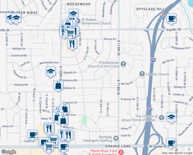 map of restaurants, bars, coffee shops, grocery stores, and more near 1655 Pine Road in Omaha