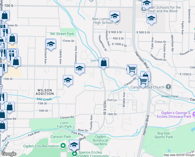 map of restaurants, bars, coffee shops, grocery stores, and more near South Street in Ogden