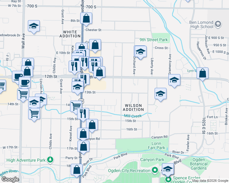 map of restaurants, bars, coffee shops, grocery stores, and more near 1268 South Porter Avenue in Ogden