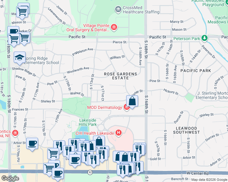 map of restaurants, bars, coffee shops, grocery stores, and more near 17042 Walnut Cir in Omaha