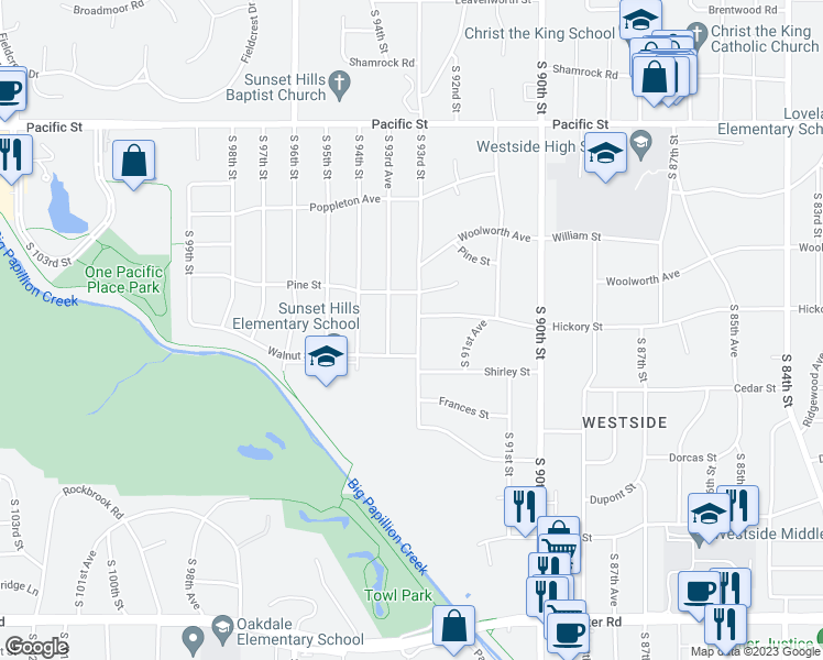 map of restaurants, bars, coffee shops, grocery stores, and more near 1708 South 93rd Street in Omaha