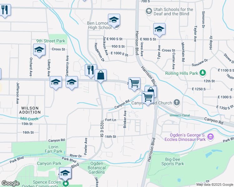 map of restaurants, bars, coffee shops, grocery stores, and more near 1120 Canyon Road in Ogden