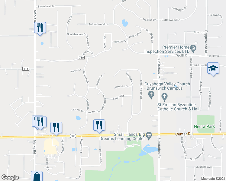 map of restaurants, bars, coffee shops, grocery stores, and more near 5042 Woodcliff Circle in Brunswick