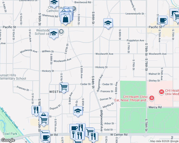 map of restaurants, bars, coffee shops, grocery stores, and more near 1722 South 84th Street in Omaha