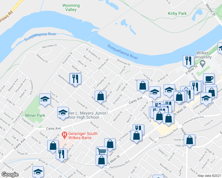 map of restaurants, bars, coffee shops, grocery stores, and more near 129 Charles Street in Wilkes-Barre