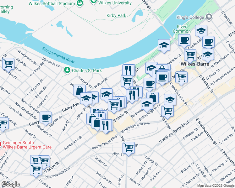 map of restaurants, bars, coffee shops, grocery stores, and more near 68 West Ross Street in Wilkes-Barre